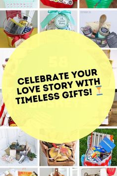 the words celebrate your love story with times'gifts are overlaided in photos