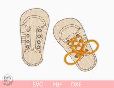 a pair of baby shoes with an orange shoelace on the bottom and yellow shoelaces on the top