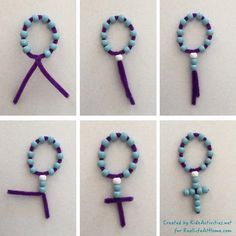 four pictures showing how to make beaded bracelets with scissors and beads on them