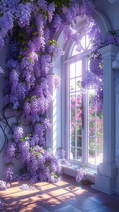 an image of a window with purple flowers on it