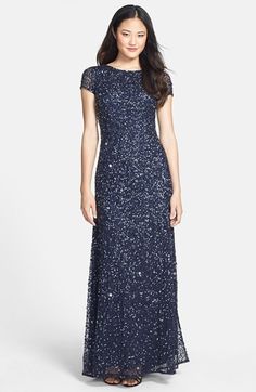 Adrianna Papell Short Sleeve Sequin Mesh Gown | Nordstrom Dark Blue Sequin Dress, Mesh Gown, Blue Sequin Dress, Mother Of Groom Dresses, Mob Dresses, Black Tie Dress, فستان سهرة, Sequin Gown, Beaded Gown