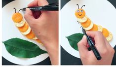 a person is making a paper plate that looks like a caterpillar on a leaf