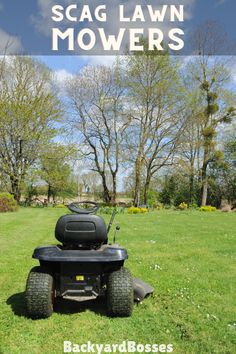 a lawn mower sitting in the middle of a field with text overlay that reads,