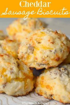 cheddar sausage biscuits are piled on top of each other with the title above it