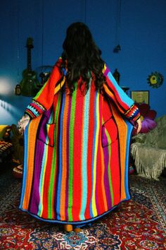 TRUE HANDMADE with love colorful psychedelic hippie coat. It is definitely a showstopper. Shop via Etsy Shein Cart, Neon Crochet, Crochet Wear, Crochet Pieces, Magical Rainbow, Crochet Quilt, Rainbow Crochet, Crochet Fashion Patterns