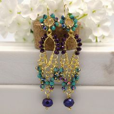 Purple Turquoise Chandelier Dangle Earrings, Long Gold Wire Wrapped Earrings for Women, Handmade Crystals Drop Earrings, Gift for Her Bohemian Teardrop Crystal Earrings With Dangling Beads, Unique Wire Wrapped Chandelier Drop Earrings, Bohemian Crystal Drop Earrings With Ear Wire, Bohemian Style Crystal Drop Earrings With Dangling Beads, Bohemian Beaded Crystal Earrings, Purple Teardrop Bohemian Earrings, Bohemian Wire Wrapped Dangle Teardrop Earrings, Multicolor Bohemian Crystal Earrings, Bohemian Handmade Dangle Crystal Earrings