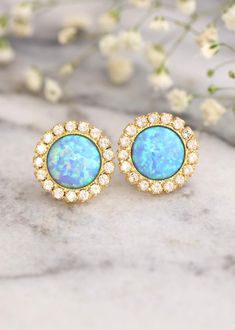 Opal earrings Blue Opal Stud earrings Opal Stud Earrings | Etsy Blue Halo Design Earrings For Anniversary, Blue Round Cluster Earrings For Formal Occasions, Elegant Blue Cluster Earrings As Gift, Elegant Blue Cluster Earrings For Gift, Elegant Blue Round Cluster Earrings, Blue Halo Design Earrings As Gift, Blue Cluster Drop Earrings As Gift, Blue Drop Cluster Earrings For Gift, Blue Round Earrings For Anniversary