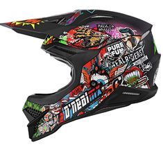 a helmet with many stickers on it