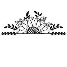 a black and white drawing of a flower with leaves on the bottom, surrounded by an arrow