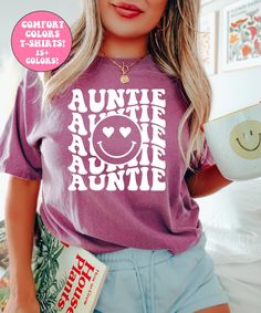 Retro Auntie Shirt, Auntie Shirt, Aunt Shirt Auntie Tee Shirts, Vinyl Shirt Designs Graphic Tees, Auntie Tshirt Ideas, Relaxed Fit Purple Shirt With Graphic Print, Retro Crew Neck Shirt With Funny Text, Fun Purple Short Sleeve T-shirt, Fun Relaxed Fit Crew Neck Shirt, Purple Screen Print Shirt With Relaxed Fit, Purple Relaxed Fit Screen Print Shirt