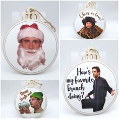 four christmas ornaments with pictures of the same man