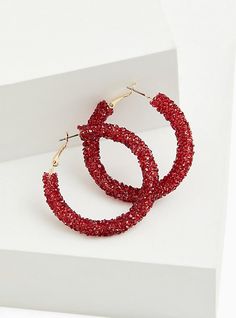 Add a little sparkle to your look with this pair of embellished beaded hoop earrings. Latch backs. Man-made materials. Base metals. Imported. The best plus size women's embellished red beaded hoop earrings in red. Torrid is your destination for cozy fall and winter clothes to keep you warm and comfortable. Trendy Red Jewelry With Rhinestones, Red Glitter Jewelry For Party, Party Beaded Hoop Jewelry, Beaded Hoop Jewelry For Party, Red Round Beaded Party Earrings, Red Embellished Party Jewelry, Holiday Party Beaded Jewelry, Red Small Hoop Earrings For Party, Small Red Hoop Earrings For Party