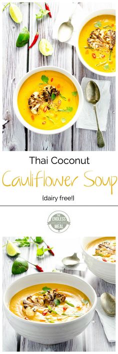 thai coconut cauliflower soup is served in two bowls