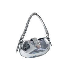 Silver metallic faux leather shoulder bag. The Ava bag is designed mainly with metals inspired by gothic subculture. Handmade in Georgia.  This item is handmade.Color: SilverMaterial: 100% faux leatherDetails: Non-adjustable shoulder strapDispatch Time: 2-3 business daysCare Instructions: Spot cleanSize: Length: 13" Wi Metallic Shoulder Bag With Silver-tone Hardware, Silver Handheld Shoulder Bag With Adjustable Strap, Metallic Silver Leather Evening Bag, Silver Rectangular Baguette Bag With Adjustable Strap, Silver Satchel Shoulder Bag, Trendy Metal Shoulder Bag For Party, Evening Shoulder Bag With Palladium Hardware In Metallic Silver, Designer Shoulder Bag With Hardware For Evening, Metallic Silver Shoulder Bag With Palladium Hardware For Evening