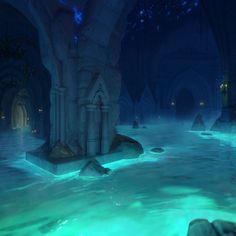 an image of a fantasy setting with water and rocks in the foreground at night