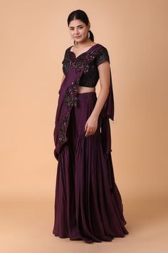 Purple pre-draped saree with tonal floral embroidery using sequins, cutdana and pipe work. Paired with a blouse with back cut-out and all over cutdana, sequin embroidery. - Aza Fashions Traditional Dupatta With Draped Sleeves For Reception, Festive Draped Art Silk Sets, Festive Sets With Draped Sleeves For Reception, Festive Reception Sets With Draped Sleeves, Georgette Choli With Draped Sleeves For Reception, Reception Choli With Draped Sleeves In Georgette, Traditional Lehenga With Draped Sleeves For Reception, Pre-draped Saree Set For Party, Pre-draped Saree Party Sets