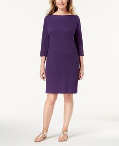 Add an instant favorite to your wardrobe rotation with Karen Scott's cotton sheath dress, complete with a chic boat neckline and elegant button details at the shoulders and cuffs. Approx. model measurements: height: 5'10"; bust: 35-1/2"; waist: 27"; hips: 35" Knee length; sheath silhouette Due to generous sizing, we suggest sizing down for the perfect fit Boat neckline; pullover styling button embellishments at shoulders and cuffs 3/4-sleeves Unlined All cotton Machine washable Imported Cotton Midi-length Bodycon Dress, Cotton Midi Length Bodycon Dress, Cotton Shift Mini Dress, Knee-length, Knee-length Cotton Shift Midi Dress, Spring Cotton Knee-length Bodycon Dress, Knee-length Cotton Bodycon Dress For Spring, Spring Cotton Bodycon Dress Knee-length, Knee-length Cotton Bodycon Dress, Cotton Knee-length Bodycon Dress