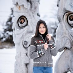 This edgy two-tone knit features sawtooth patterning along the bustline and hems, and is embellished with striking Navajo-inspired medallions across the shoulders. Heavy knit and fleece lined for extra warmth, the streetwise Mustang is finished with a full-zip front, and a ribbed stand-up collar, cuffs and waist for a snug fit every time. 100% wool Fleece lined Handmade in Nepal Fair Trade Federation Member Dry clean/hand-wash only Traditional Winter Outerwear With Fair Isle Pattern, Traditional Fair Isle Pattern Outerwear For Winter, Traditional Fair Isle Winter Outerwear, Lost Horizon, Winter Wardrobe Essentials, Sweater Hat, Sweater For Women, Heavy Knit, Boys Sweaters