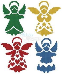 the cross stitch pattern for angel silhouettes is shown in four different colors and sizes