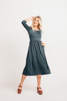 Paula Dress in Hunter Green – GabyVer Modest Maternity Midi Dress, Flowy Casual Maternity Dress, Casual Maternity Dress, Midi Length, Casual Midi-length Maternity Dress, Modest Maxi Dress With Elastic Waistband, Casual Midi Length Maternity Dress, Casual Solid Maternity Dress, Casual Knee-length Midi Dress For Maternity, Spring Casual Bump Friendly Dresses