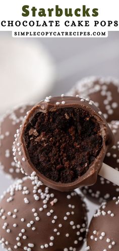 chocolate cake pops with white sprinkles on top and text overlay that reads starbucks's chocolate cake pops