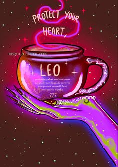 a hand holding a coffee cup with the words protect your heart written on it in neon colors