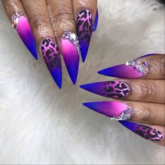 Nail Designs Zebra Print, Purple And Black Acrylic Nails, Ombre Stiletto Nails, Nail Designs Colorful, Nails With Bling, Leopard Nail Designs, Leopard Nail Art, Leopard Print Nails, Stiletto Nails Designs