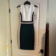 Calvin Klein Color Block Dress Nwt Chic Green Calvin Klein Dress, Calvin Klein Green Knee-length Dress, Chic Calvin Klein A-line Mini Dress, Chic A-line Calvin Klein Mini Dress, Calvin Klein Fitted Sleeveless V-neck Dress, Calvin Klein White, Colorblock Dress, Womens Calvin Klein, Color Block