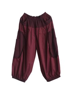 Summer Casual Loose Wide Leg Pants — Obiono Casual Burgundy Pants With Pockets, Casual Burgundy Wide-leg Pants, Baggy Red Harem Pants With Pockets, Red Ankle-length Cotton Harem Pants, Red Baggy Harem Pants With Pockets, Red Cotton Ankle-length Harem Pants, Red Cotton Harem Pants For Fall, Casual Burgundy High-waisted Pants, Casual Burgundy Bottoms With Elastic Waistband