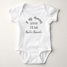 Funny Baby Bodysuit for Soon to be Aunt. Click on "Personalize" to change text, for additional customization (font color, font style, remove or move text, add photo), scroll down on "Personalize" and click on link "Edit using design tool" Funny Aunt Shirts For Babies, Auntie Nephew Shirts, Funny Aunt Onesie, Aunt Things, Aunt Baby Clothes, Baby Clothes Funny, Nephew Shirts, Making Baby Clothes, Onesie Ideas