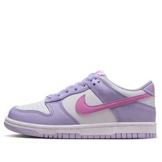 (GS) Nike Dunk Low 'Lilac Bloom Pink' HQ1185-161 Cute Dunks, Shoes Sneakers Aesthetic, Purple Dunks, Pink Asics, Dunks Shoes, Rose Vans, Nike Shoes Women Fashion, Pretty Sneakers, Painted Sneakers