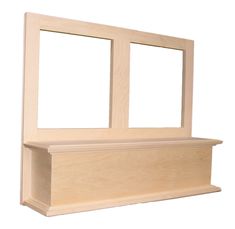 a wooden shelf with two windows on it's sides and no one around the edge