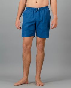 Mens blue linen shorts Blue Relaxed Fit Bermuda Shorts With Short Inseam, Relaxed Fit Blue Bermuda Shorts For Summer, Blue Bermuda Shorts With Relaxed Fit, Blue Bermuda Shorts For Summer Vacation, Blue Summer Bermuda Shorts For Vacation, Blue Cotton Swim Trunks With Relaxed Fit, Denim Blue Shorts For The Beach, Denim Blue Beach Shorts, Casual Blue Linen Shorts