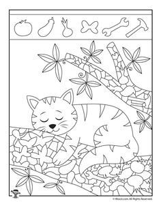 a coloring page with an image of a cat sleeping in the grass next to flowers