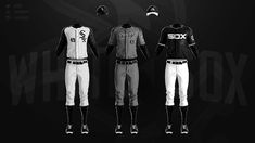 three baseball uniforms on display in front of a black background with the word sox written below them