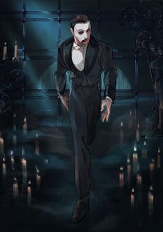 a man in a black suit and white shirt is walking through a dark room with candles