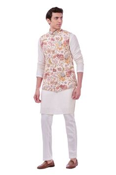 White, multicolor bundi with thread embroidery in floral pattern. Paired with embroidered kurta and pant. - Aza Fashions Kurta Set Men, Kurta Set For Men, Nehru Jacket, Nehru Jackets, Kurta With Pants, Thread Embroidery, Silk Embroidery, Kurta Set, Silk Thread