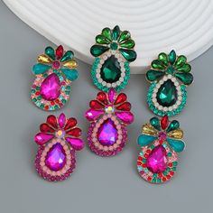 Material: Alloy Color: Colorful, Green, Rose Fashion Element: Flowers Style: INS Style Trendy Multicolor Flower Earrings For Party, Rose Red Flower Shaped Earrings For Party, Multicolor Flower Earrings For Party, Multicolor Flower Drop Earrings For Party, Bohemian Multicolor Flower Earrings For Party, Rose Red Drop Earrings For Party, Colorful Crystals, Rose Fashion, Stud Earrings For Women