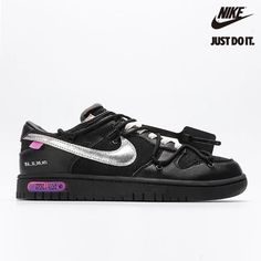 Off-White x Nike Dunk Low The 'Lot 50 of 50' Black Metallic Silver-DM1602-001-Sale Online Nike Vandal Rock, Low Pink Dunks, Lot 50 Dunks, Shoes That Match With Everything, Cheap Dunks, Shoes To Get, Cute Dunks, Shoes For Back To School, Black Designer Shoes