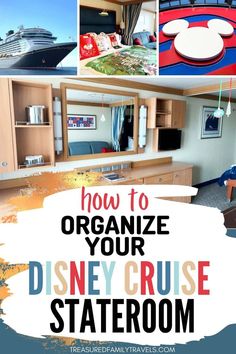 Three small pictures at top: Disney Cruise ship, inside a stateroom, and the Disney logo; Large picture of desk area inside a Disney Cruise stateroom. Disney Cruise Rooms, Cruise Stateroom, Cruise Rooms, Disney Magic Cruise, Cabin Storage, Disney Cruises, Disney Dream Cruise