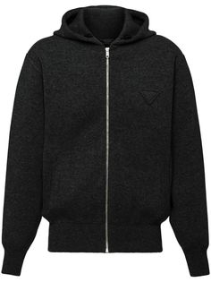 black cashmere knitted construction classic hood drop shoulder long sleeves ribbed cuffs and hem triangle logo to the chest front zip fastening Curly Hair Cream, Prada For Men, Hair Cream, Triangle Logo, Prada Men, Mens Activewear, Sweater Coats, Sweater Weather, Zip Up