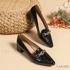 Lasaky - Chic Single Shoe: Exquisite Crocodile Leather Heels Black Heels Low, Rough Heels, Heeled Mules Sandals, Faux Leather Heels, Stylish Sandals, Leather High Heels, Crocodile Leather, Pointed Toe Heels, Black Leather Heels