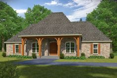 this is an artist's rendering of a house in the country style with brick and wood accents