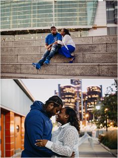 two people are sitting on the steps and one person is hugging her while she looks at him