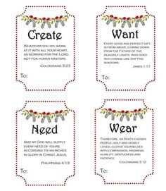 four christmas gift tags with the words,'create and wear'in red lettering