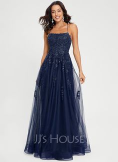 A-line Square Floor-length Tulle Prom Dresses (018287134) - JJ's House Dark Blue Prom Dresses, Modest Prom Dresses, Infinity Dress Bridesmaid, Dresses With Beading, Navy Prom Dresses, Tulle Prom Dresses, Winter Formal Dresses, Modest Prom, Junior Prom Dresses