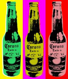 three beer bottles with different colors on them