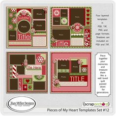 four page layouts for a scrapbook with flowers and hearts on the front, two are