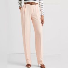 Lauren Ralph Lauren Women's Pleated Double-Faced Georgette Pants Note: These Are Listed On Tag As Pale Pink. Different Lighting Makes These Appear Lighter Or Darker In Color. Product Details Crafted With Luxurious Double-Faced Georgette For A Polished Look, Lauren Ralph Lauren's High-Rise Pleated Pants Are A Tailored Wardrobe Essential. Crisp Creases And Back Waist Darts Enhance Its Leg-Elongating Silhouette. Approx. Model Height Is 5'10" And She Is Currently Wearing A Size 4 Approx. Inseam: 32" Tailored Spring Pantsuit With Belt Loops, Tailored Pantsuit With Belt Loops For Spring, Classic Pink Pants For Spring, Spring Business Casual Pantsuit With Belt Loops, Classic High-waist Spring Pantsuit, Georgette Dress, Ralph Lauren Pants, Different Lighting, Pleated Pants