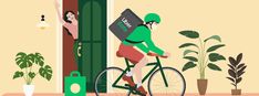 a man riding a bike with a box on his back in front of a door